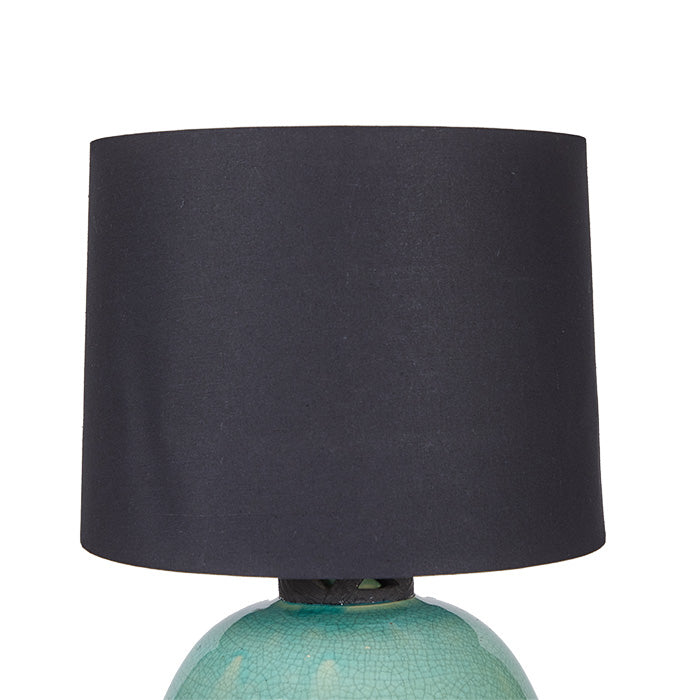 (SHADE DETAIL) Celadon Crackle Glaze Table Lamp. c1940s. Ceramic body with ebony painted wood base. Custom black linen shade. All updated hardware, fittings and wiring.