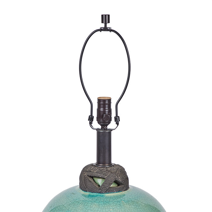 (HARDWARE UPGRADES) Celadon Crackle Glaze Table Lamp. c1940s. Ceramic body with ebony painted wood base. Custom black linen shade. All updated hardware, fittings and wiring.