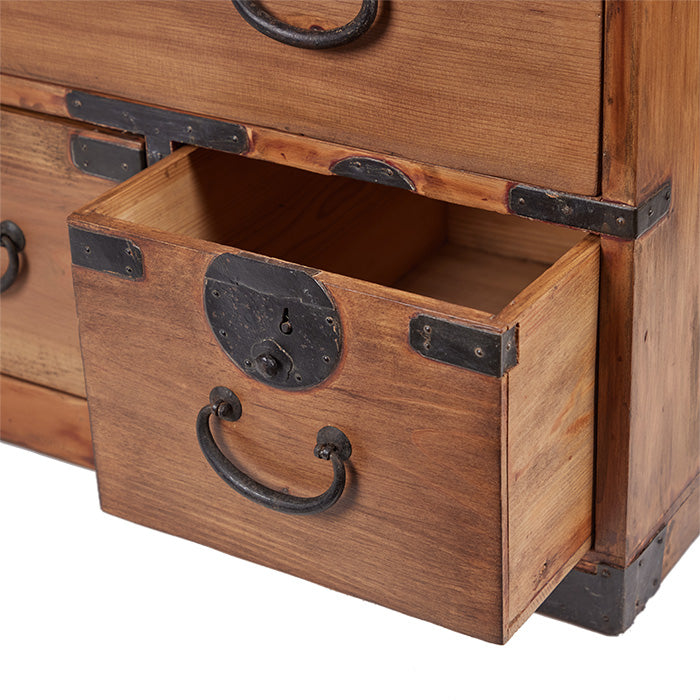 (DRAWER DETAIL) Antique Japanese Tansu. c1920s Kiri Wood Japanese Tansu. Handcrafted hardware. Two available. Priced individually. 35" W x 14" D x 24" H