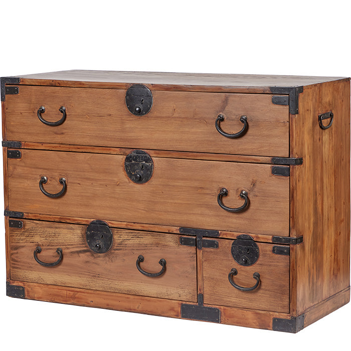 Antique Japanese Tansu. c1920s Kiri Wood Japanese Tansu. Handcrafted hardware. Two available. Priced individually. 35" W x 14" D x 24" H