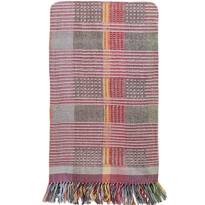 Throw, Fence in reds and green stripes Wool & Raw Silk by Neeru Kumar. Handwoven Designer Textiles from India. Exclusive to Pat McGann. 70 in. x 50 in.