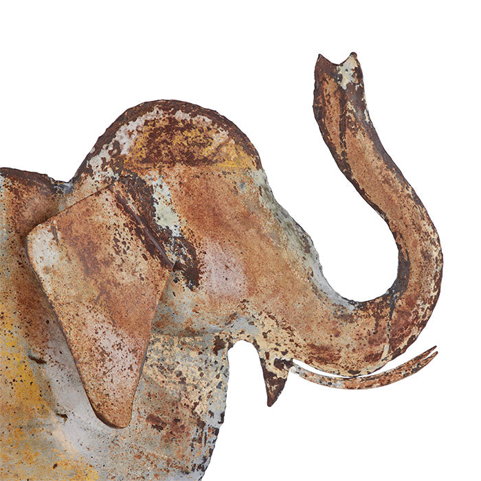 (HEAD DETAIL) Folk Art Tin Elephant. Hand crafted. Distressed paint finish on front and back. 26" x 23" x 5"