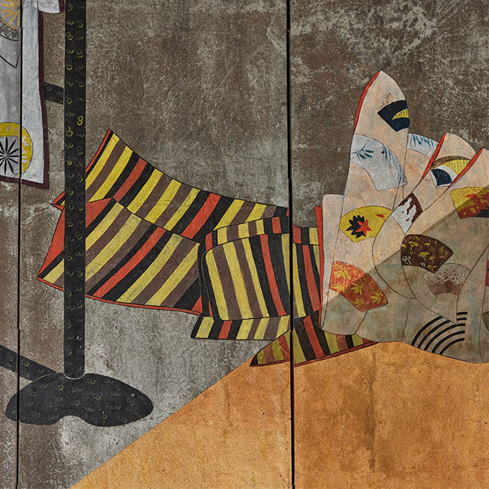 (DETAIL) Japanese Screen. Early 20th C Japanese folding screen. Gold and silver leaf background with images of kimonos and obis hanging on traditional wooden racks. Age appropriate wear to surfaces as shown. Folds to small size and backed with Japanese printed paper. Extended size: 37" H x 80" W