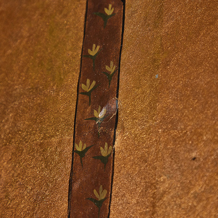 (WEAR) Japanese Screen. Early 20th C Japanese folding screen. Gold and silver leaf background with images of kimonos and obis hanging on traditional wooden racks. Age appropriate wear to surfaces as shown. Folds to small size and backed with Japanese printed paper. Extended size: 37" H x 80" W
