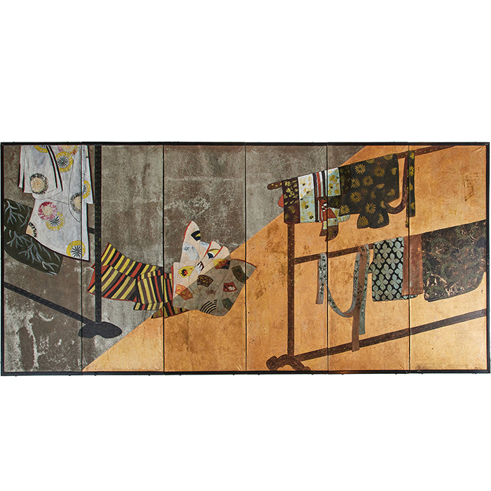 Japanese Screen. Early 20th C Japanese folding screen. Gold and silver leaf background with images of kimonos and obis hanging on traditional wooden racks. Age appropriate wear to surfaces as shown. Folds to small size and backed with Japanese printed paper. Extended size: 37" H x 80" W