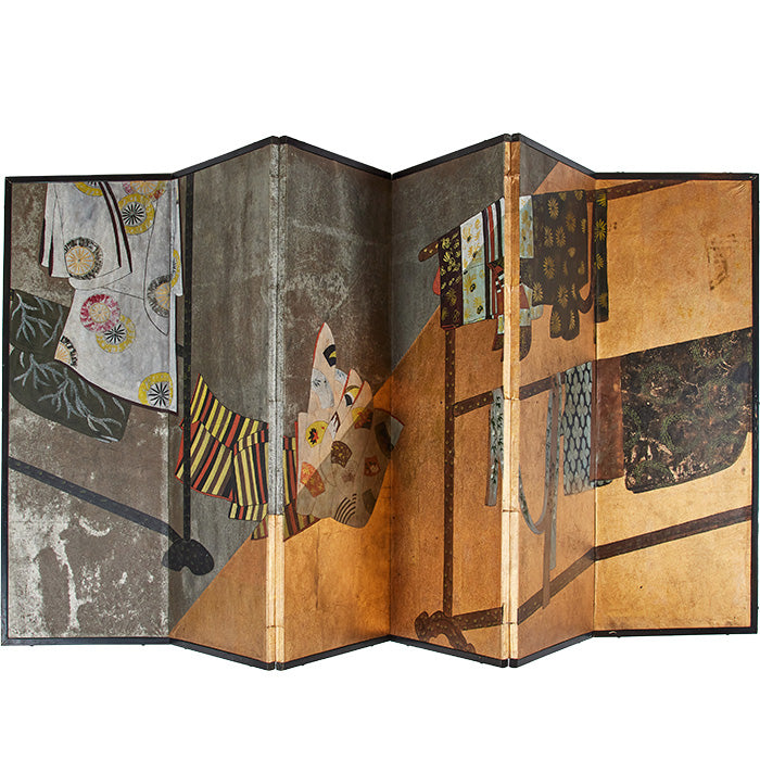 (STANDING) Japanese Screen. Early 20th C Japanese folding screen. Gold and silver leaf background with images of kimonos and obis hanging on traditional wooden racks. Age appropriate wear to surfaces as shown. Folds to small size and backed with Japanese printed paper. Extended size: 37" H x 80" W