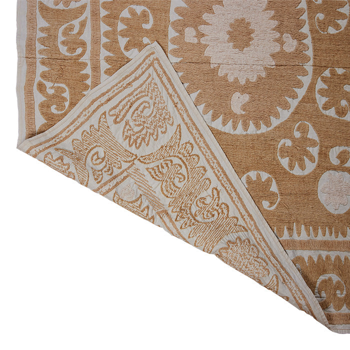 (BACK DETAIL) Small Uzbek Suzani - Neutral color Suzani. Unusual small size. Vintage cotton floss embroidery on cotton. Mid-century. 51" x 40"