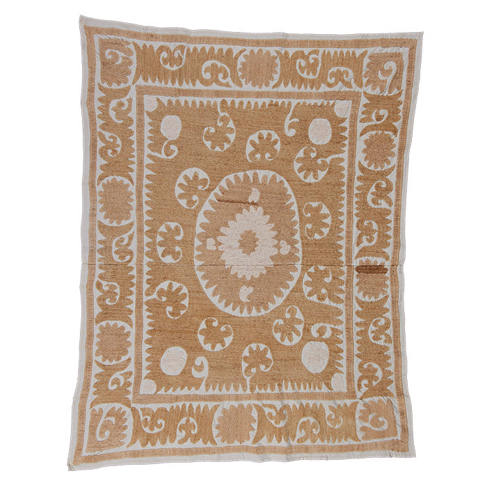 Small Uzbek Suzani - Neutral color Suzani. Unusual small size. Vintage cotton floss embroidery on cotton. Mid-century. 51" x 40"
