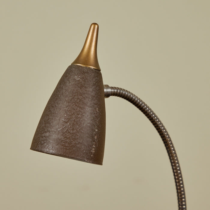 (DETAIL) Eagle HiLite Gooseneck Desk Lamp. Mid-Century modern brown gooseneck task lamp furniture. Easily adjustable, bright light. Updated hardware and brown silk twist cord. 15" H x 3" dia.