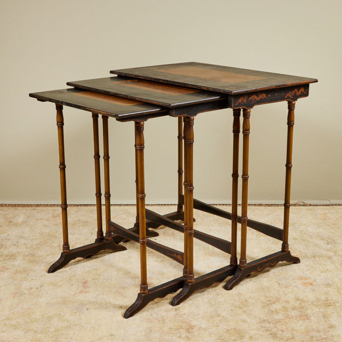 (DETAIL DISPLAY) Chinoiserie Set of 3 Nesting Tables. Three antique nesting tables with faux bamboo legs and painted details on tops. Sturdy with age appropriated distressed paint. Antique Chinoiserie furniture. 30" H x 28" W x 18" D