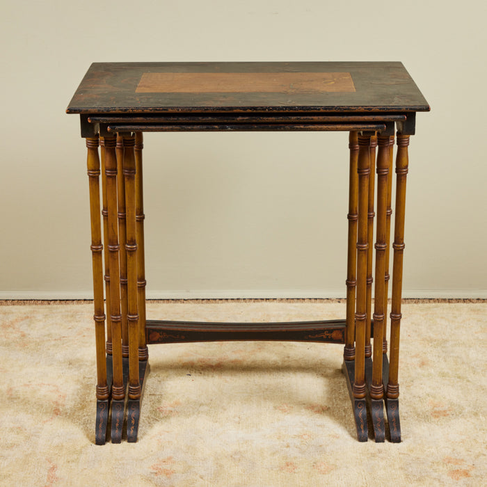 (DETAIL) Chinoiserie Set of 3 Nesting Tables. Three antique nesting tables with faux bamboo legs and painted details on tops. Sturdy with age appropriated distressed paint. Antique Chinoiserie furniture. 30" H x 28" W x 18" D