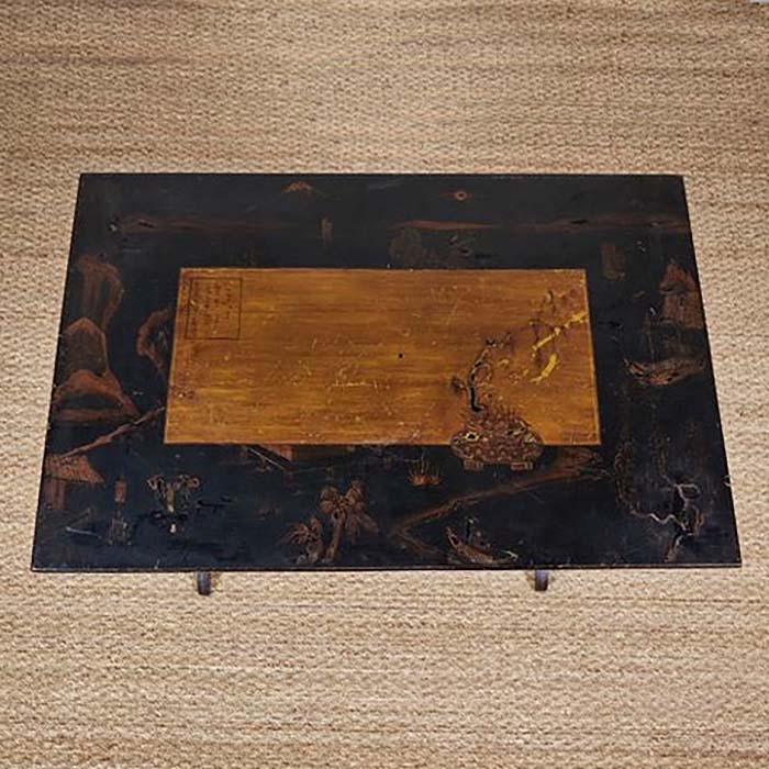 (DETAIL TOP 2) Chinoiserie Set of 3 Nesting Tables. Three antique nesting tables with faux bamboo legs and painted details on tops. Sturdy with age appropriated distressed paint. Antique Chinoiserie furniture. 30" H x 28" W x 18" D