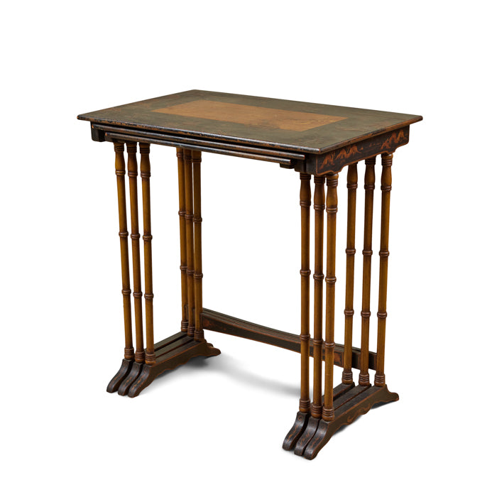 Chinoiserie Set of 3 Nesting Tables. Three antique nesting tables with faux bamboo legs and painted details on tops. Sturdy with age appropriated distressed paint. Antique Chinoiserie furniture. 30" H x 28" W x 18" D