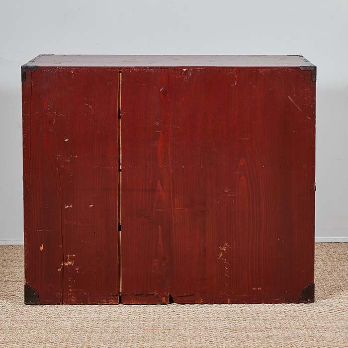 (DETAIL BACK) Antique Japanese Tansu. 19th C. one-piece Japanese tansu with all original hand wrought hardware. Includes a key for the drawers. Age appropriate wear to the original finish. 42" W x 16" D x 36" H