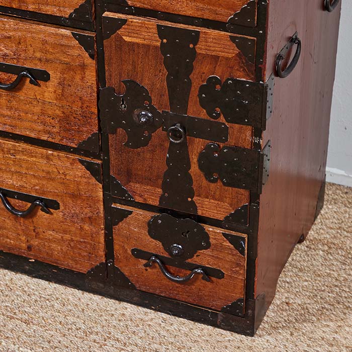 (DETAIL HARDWARE) Antique Japanese Tansu. 19th C. one-piece Japanese tansu with all original hand wrought hardware. Includes a key for the drawers. Age appropriate wear to the original finish. 42" W x 16" D x 36" H