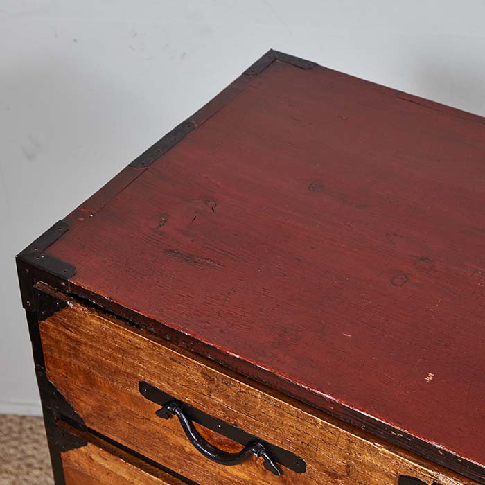 (DETAIL TOP) Antique Japanese Tansu. 19th C. one-piece Japanese tansu with all original hand wrought hardware. Includes a key for the drawers. Age appropriate wear to the original finish. 42" W x 16" D x 36" H