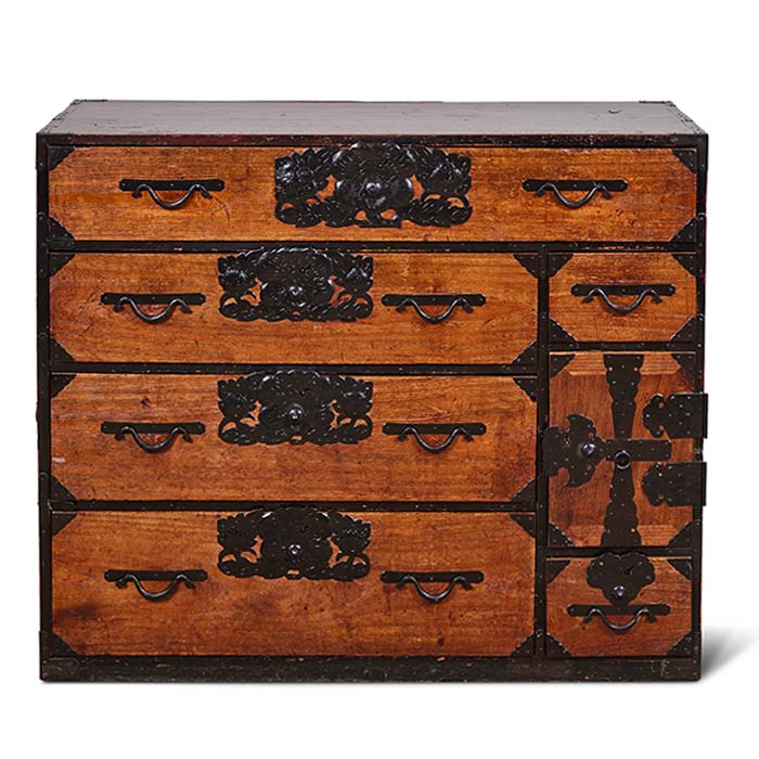 Antique Japanese Tansu. 19th C. one-piece Japanese tansu with all original hand wrought hardware. Includes a key for the drawers. Age appropriate wear to the original finish. 42" W x 16" D x 36" H