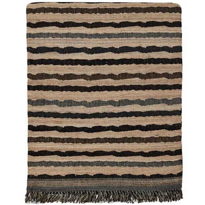 Bedcover Ocean Stripe Charcoal, Wool & Raw Silk. Handwoven Designer Textile from India. H 115 in. x W 88 in. H 292 cm x W 224 cm.
