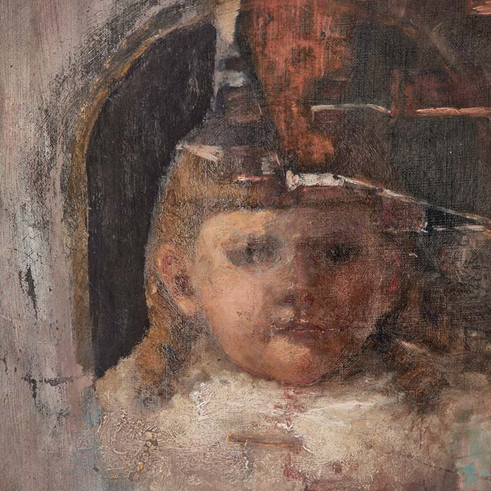 (CENTER CHILD DETAIL) Cloudy Child Oil on Canvas painting with contemporary frame, measuring 25x16. Features age-appropriate chipping at the edges and has no signature.
