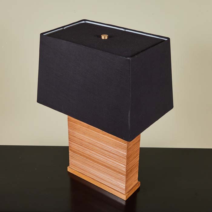 (SIDE) Combed Fir Paul Frankl Lamp. Paul Frankl mid-century modern vintage table lamp with custom black linen shade and diffuser. Updated hardware and silk twist cord wiring. 1940’s / 1950’s Modern furniture wood accessory lighting. 25.5" H x 12" W x 4" D