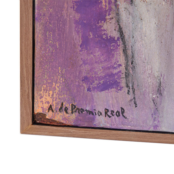 (SIGNATURE DETAIL) 1991 abstract oil on canvas titled "Composición Con Najanja" by Alexandrine De Primio Real. Features a contemporary frame and measures 17" x 11". Signature is located at bottom left.