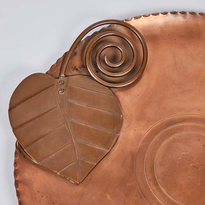 (FRONT DETAIL) Francisco Rebari, Copper Charger. Noted Mid-century Mexican coppersmith. Signature on face, hook for hanging on the back. 18" diameter