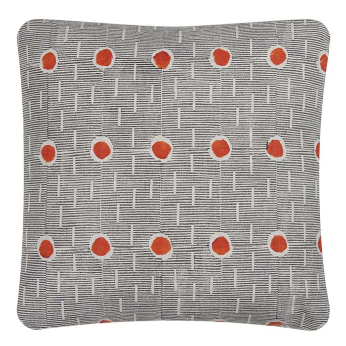 Decorative Pillow. Hand Block Print Linen Pillow. Contemporary block printed linen pillow with red detail. Natural linen back. Invisible zipper closure, feather and down fill. Two available. 18" x 18".
