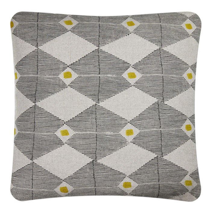 Decorative Pillow. Hand Block Print Linen Pillow. Contemporary block printed linen pillow with yellow detail. Natural linen back. Invisible zipper closure, feather and down fill. Two available. 18" x 18".