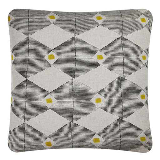 Decorative Pillow. Hand Block Print Linen Pillow. Contemporary block printed linen pillow with yellow detail. Natural linen back. Invisible zipper closure, feather and down fill. Two available. 18" x 18".