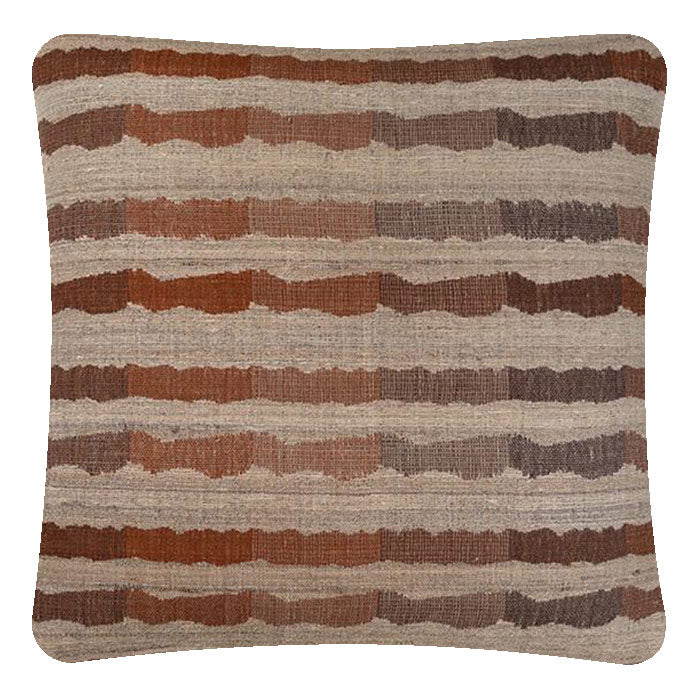 Decorative Pillow, Ocean Stripe Chocolate, Wool & Tussar Silk. Handwoven Designer Textiles from India. Natural linen back. Invisible zipper closure. 18" x 18" different sizes available.