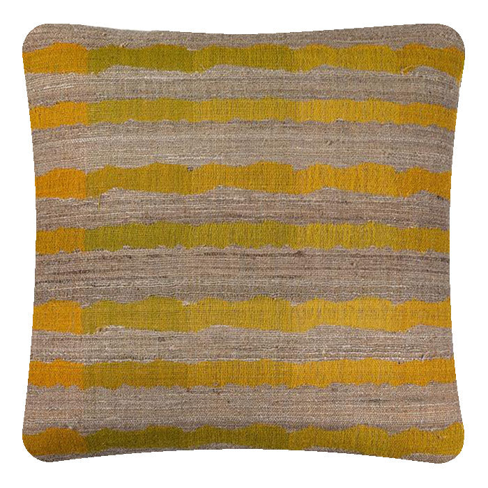 Ocean Stripe Yellow Wool & Tussar Silk. Neeru Kumar Handwoven Designer Textiles from India. Natural linen back. Invisible zipper closure. 18" x 18" different sizes available.