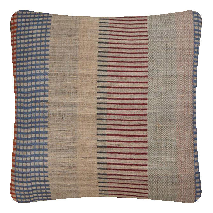 Decorative Pillow, Stripe Check, Wool & Tussar Silk. Handwoven Designer Textiles from India. Natural linen back. Invisible zipper closure. 18" x 18" different sizes available.