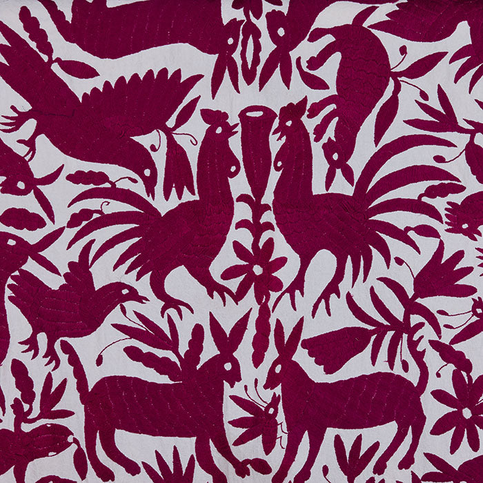 (DETAIL PATTERN) Embroidered Otomi Textile IV. Contemporary hand embroidered panel made in Mexico. Table cloth, throw, etc. Magenta cotton floss on off-white cotton. 72" x 72"