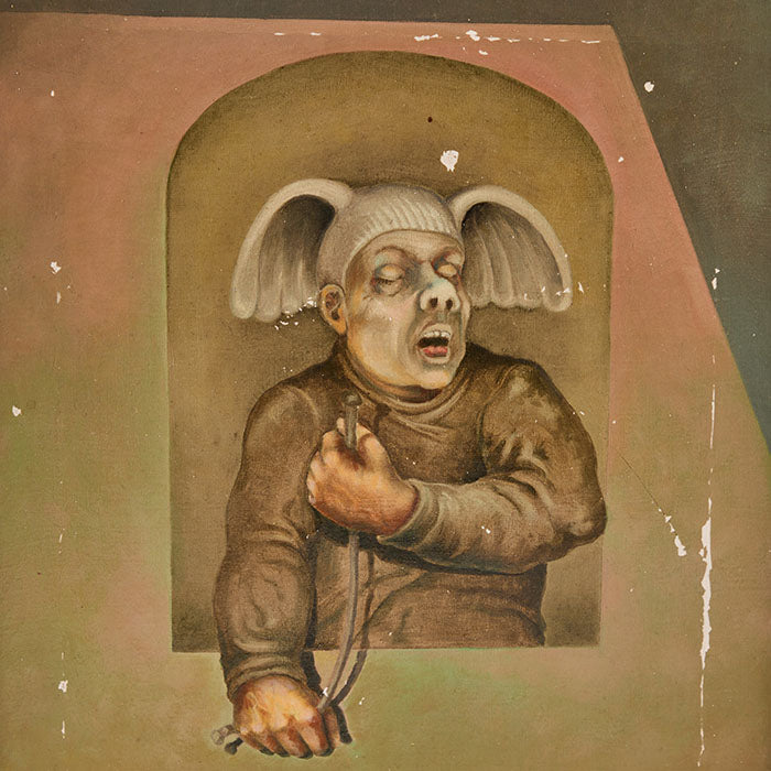 (DETAIL) Gremlin Painting - Signed oil on canvas, possibly by Mario Hartig in 1981. Distressed condition. Size: 16" x 13".