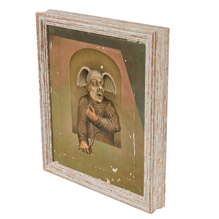 (FRAME DETAIL) Gremlin Painting - Signed oil on canvas, possibly by Mario Hartig in 1981. Distressed condition. Size: 16" x 13".