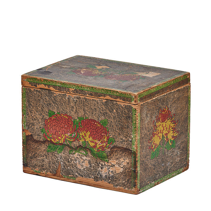(DETAIL BACK) japanese-tea-box-midcentury-original Japanese Tea Box. Mid century tea box with most of it's original paper and tin lining (for storage). 15" x 11.5" x 11.5