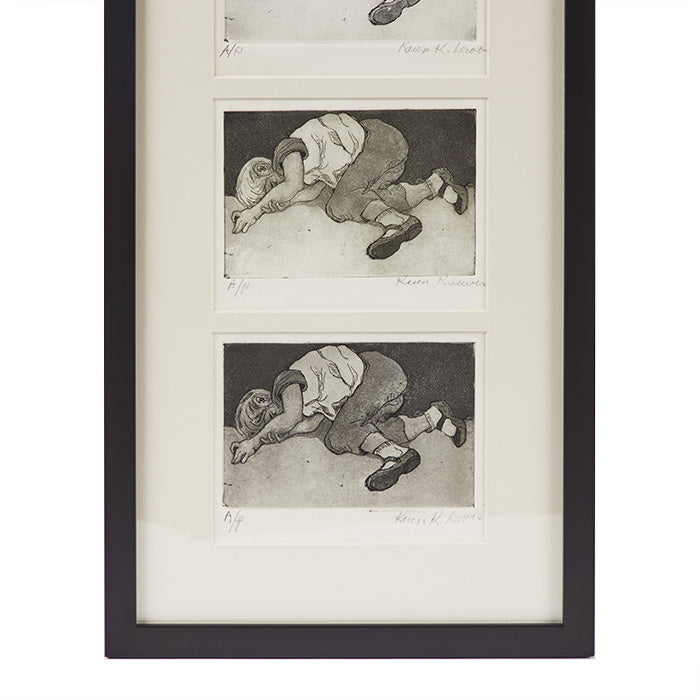 (BOTTOM DETAIL) Karen K. Lewis Series of Prints featuring a child sleeping. These prints are created by Ojai CA artist, Karen Lewis, and include artist's proofs from beginning to end. The contemporary frame measures 27x12.