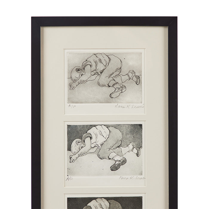 (TOP DETAIL) Karen K. Lewis Series of Prints featuring a child sleeping. These prints are created by Ojai CA artist, Karen Lewis, and include artist's proofs from beginning to end. The contemporary frame measures 27x12.