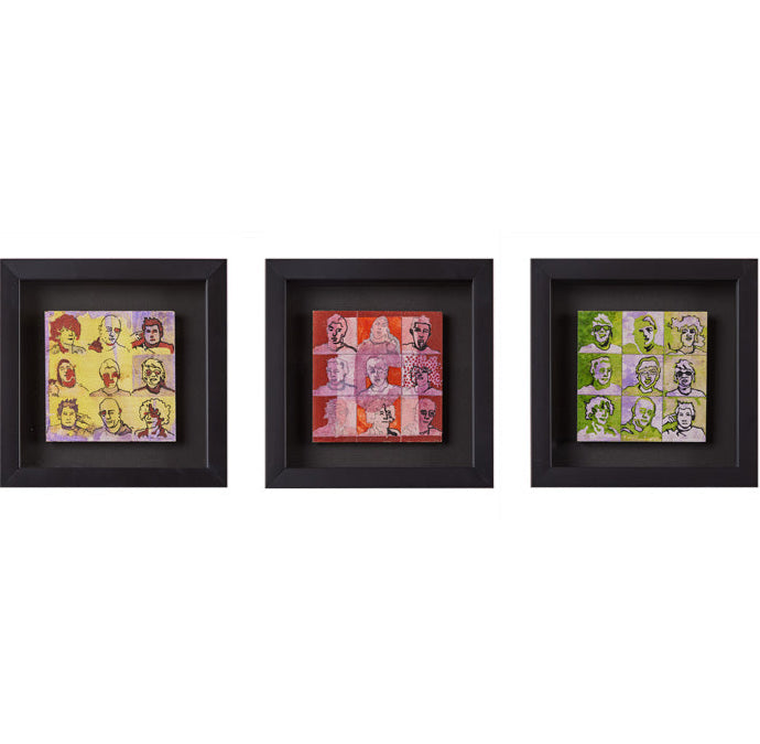 (FULL SET OF 3) Lino Tiles Triptych featuring etched faces on lino tiles. This set includes contemporary frames, measures 7x7, and is sold as a set. The triptych is unsigned.