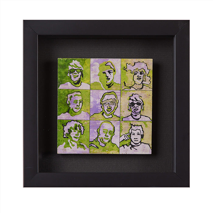 (PIECE 2/3 GREEN) Lino Tiles Triptych featuring etched faces on lino tiles. This set includes contemporary frames, measures 7x7, and is sold as a set. The triptych is unsigned.