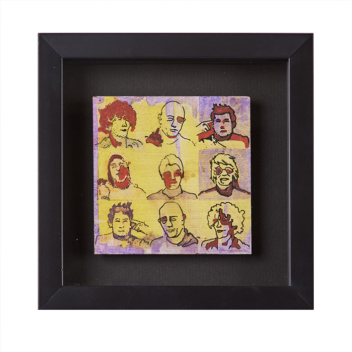 (PIECE 1/3 YELLOW) Lino Tiles Triptych featuring etched faces on lino tiles. This set includes contemporary frames, measures 7x7, and is sold as a set. The triptych is unsigned.