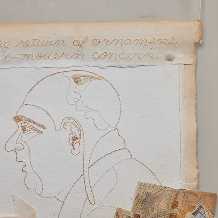 (DETAIL) "A Startling Return of Ornament As a Post-Modernist Concern" Mixed Media Collage in original Plexiglass Frame. Myrna Shiras (1934-2019), Palos Verdes, CA. 27.5" x 34"