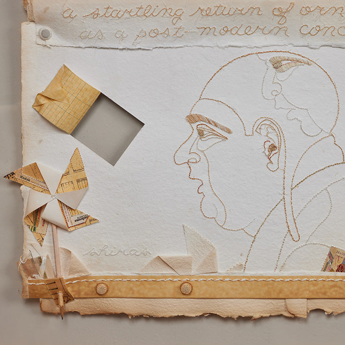 (STARTLING DETAIL) "A Startling Return of Ornament As a Post-Modernist Concern" Mixed Media Collage in original Plexiglass Frame. Myrna Shiras (1934-2019), Palos Verdes, CA. 27.5" x 34"