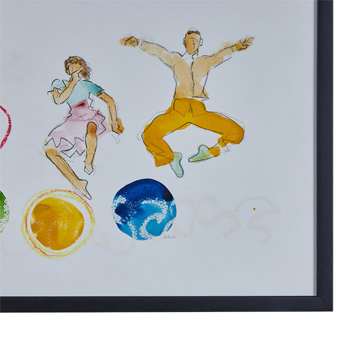 (DETAIL BOTTOM) Watercolor, Graphite and Crayon. Mixed media "Two Dancers". Signed ahr. Contemporary Frame. 16" x 21"