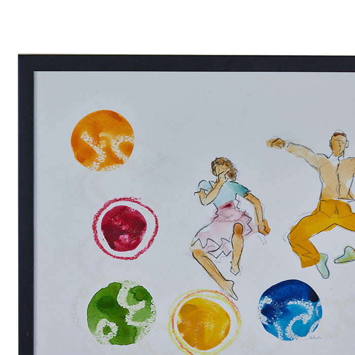 (DETAIL TOP) Watercolor, Graphite and Crayon. Mixed media "Two Dancers". Signed ahr. Contemporary Frame. 16" x 21"