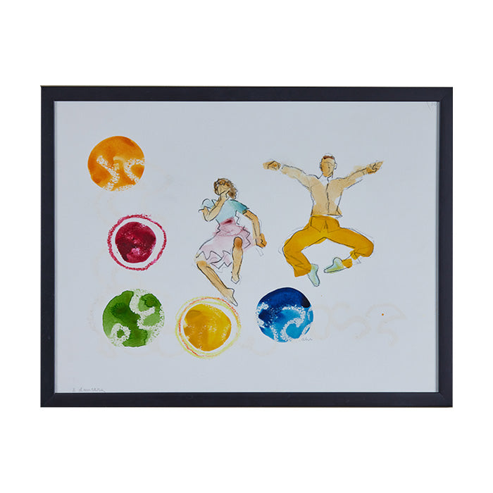 Watercolor, Graphite and Crayon. Mixed media "Two Dancers". Signed ahr. Contemporary Frame. 16" x 21"