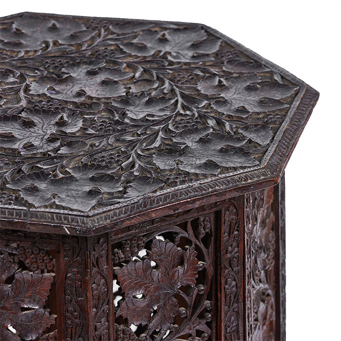 (DETAIL) Octagonal Anglo Indian Tea Table Early 20th C. Intricately carved rosewood. Top has been affixed. 20" x 20" x 22"