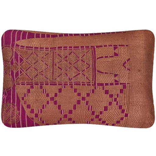 Magenta Pillow - African Embroidery, made from a vintage Hausa Chief’s Robe, known as a Boubou. Floss hand embroidery over buff and white striped cotton fabric woven in narrow panels on a back strap loom. Backed with same cotton fabric un-embroidered. Invisible zipper closure, feather and down fill. Hausa is the largest tribal group in Nigeria. 21" x 32"
