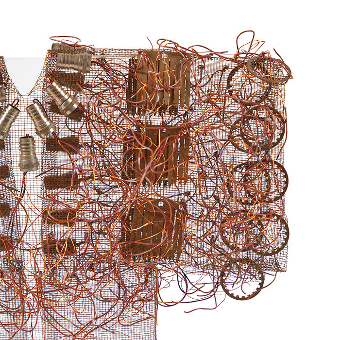 (DETAIL) Recycled Circuit Wire Sculpture: "Kimono" by Susan McGehee - Recycled wire "Kimono" sculpture by Susan McGehee. Handcrafted and presented on a lucite stand, this 13" x 14" x 4".
