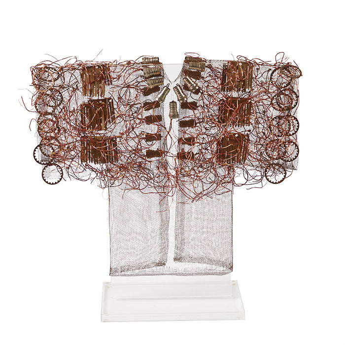 Recycled Circuit Wire Sculpture: "Kimono" by Susan McGehee - Recycled wire "Kimono" sculpture by Susan McGehee. Handcrafted and presented on a lucite stand, this 13" x 14" x 4".